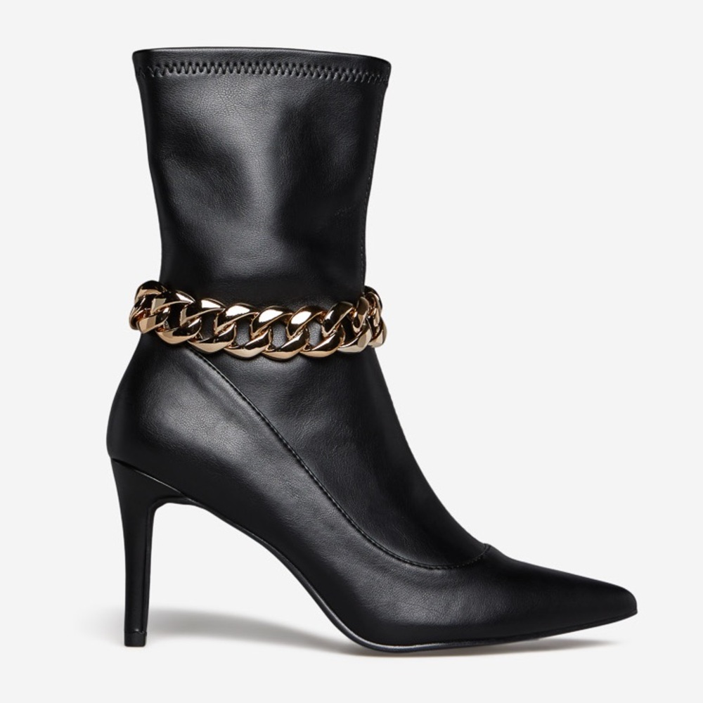NIB Black Faux Leather Chain Link Pointed Toe Booties - Picture 2 of 4